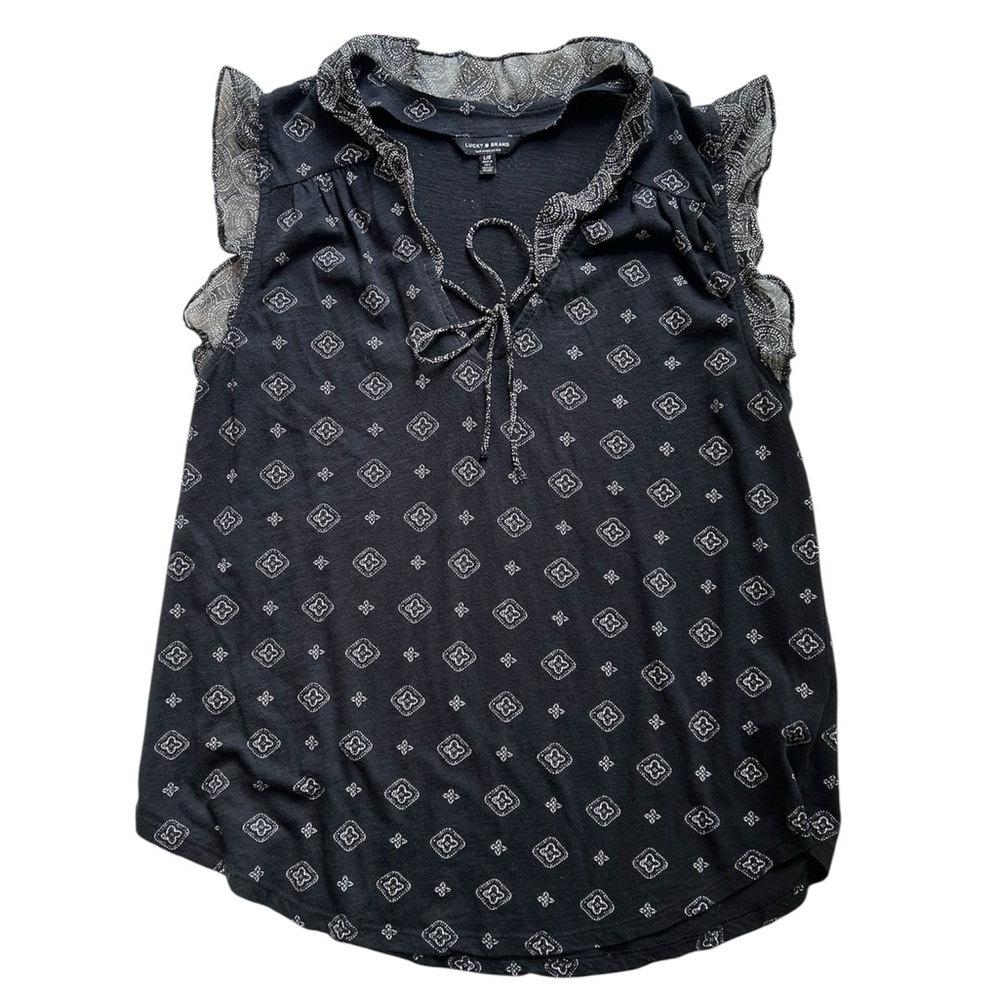 Black Sleeveless Top with ruffles and white pattern by Lucky Brand Sz Large
